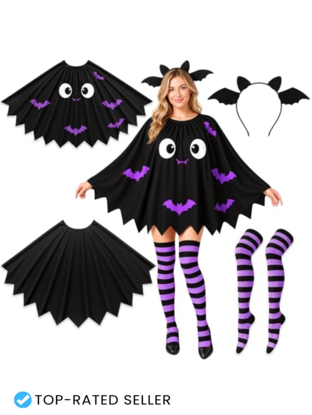 Bat Costume Accessories Set Cape Headband Socks Halloween Cosplay